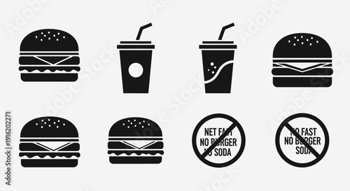 Fast food icon set featuring burger and soft drink cup symbols.