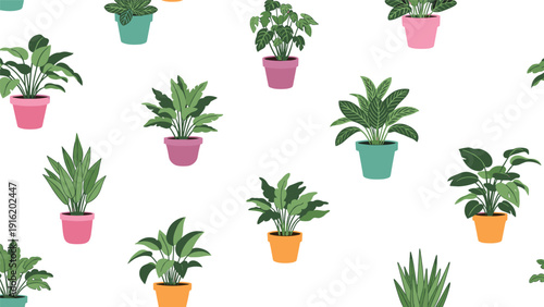 Seamless pattern featuring a variety of green houseplants in colorful pink, green, and orange pots on a white background.