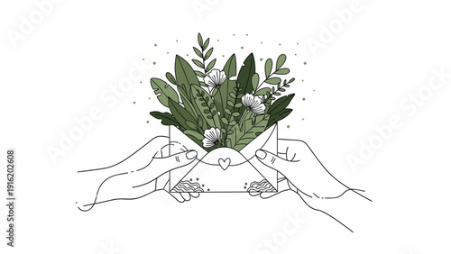 Two hands holding an open envelope with a beautiful bouquet of green leaves and white flowers coming out on a white background.