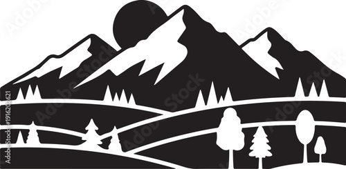 A serene landscape with mountains and trees in a minimalist design