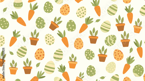 Vibrant Easter pattern with decorated eggs, orange carrots, and green potted plants arranged on a clean white background.