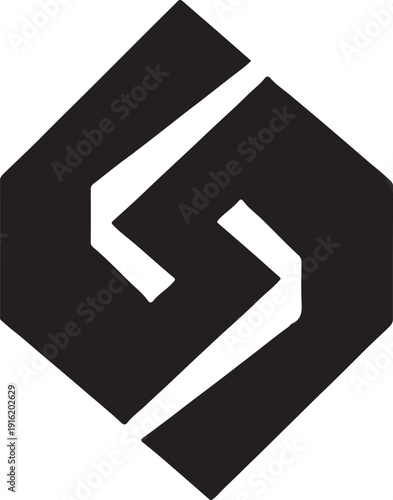 A stylized black logo featuring a geometric shape with an arrow-like design on a white background.