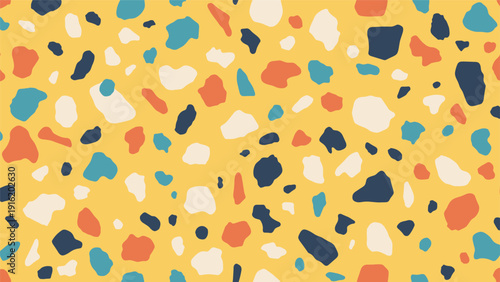 Bright and modern terrazzo seamless pattern with colorful stone fragments on a warm sunny yellow background for summer themes.