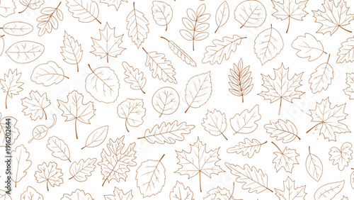Delicate seamless pattern featuring numerous brown line art leaf sketches and botanical outlines on a white background.