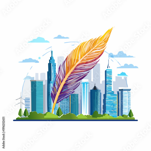 Vibrant Feather in Modern Cityscape with Skyscrapers and Greenery.