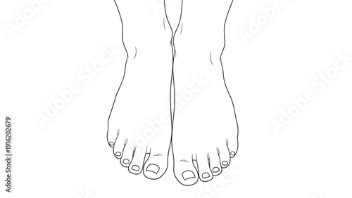 Simple black and white line art illustration showing a close up of two human feet from above on a white background.