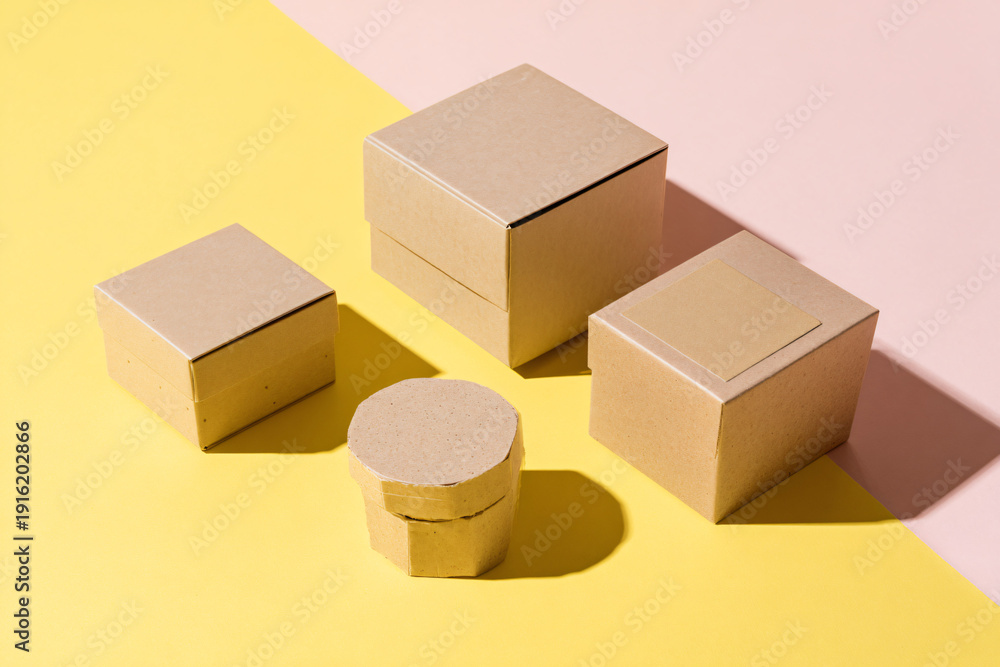 Fototapeta premium Four boxes and a container on a colorful background from a high angle