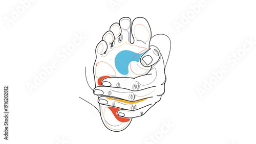 Artistic line drawing of a hand performing foot massage with highlighted pressure zones for reflexology and alternative medicine therapy.