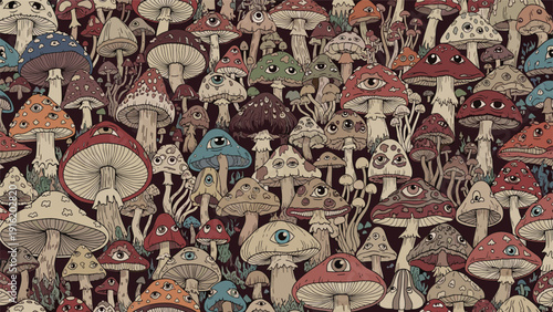 Psychedelic seamless pattern featuring various mushrooms decorated with mystical eyes on a dark background for trippy and surreal design projects.
