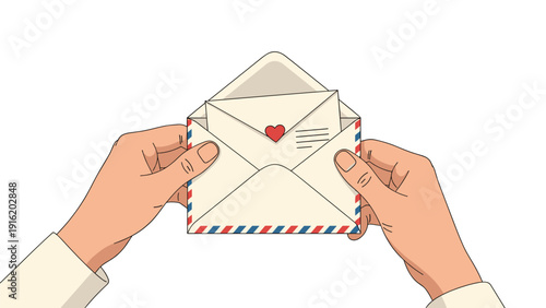 Person opening a classic airmail envelope to reveal a love letter with a small red heart, depicting romance and long distance relationships.