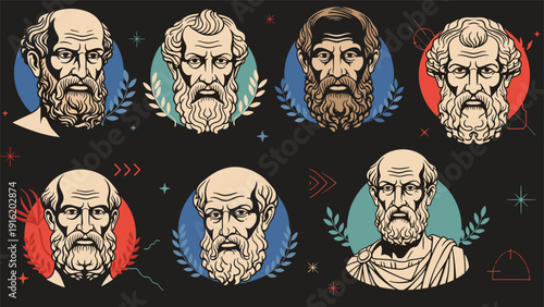 Set of classical portraits of ancient Greek philosophers with laurel wreaths on a dark background, representing wisdom, history, and logic.