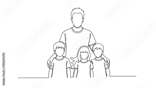 Continuous line drawing portrait of a father with his three children, symbolizing fatherhood, family bonds, and parental love and care.