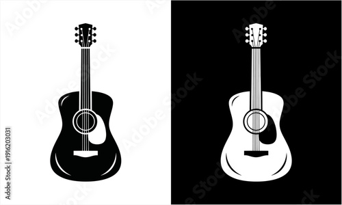 Acoustic guitar silhouette vector illustration in black and white styles.