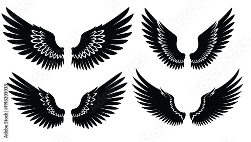 Silhouette collection of four different pairs of detailed feathered angel wings on a white background for spiritual and heavenly designs.