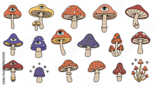 Fun set of various colorful mushroom stickers with eyes and patterns, designed in a trendy retro and psychedelic aesthetic for crafts.