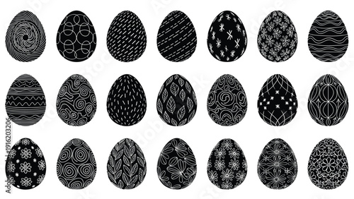 Collection of various eggs decorated with white patterns on a black background, representing traditional easter egg art in a modern style.
