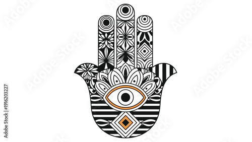 Detailed black and gold hamsa hand symbol with an evil eye and geometric patterns, representing protection, luck, and spiritual harmony.