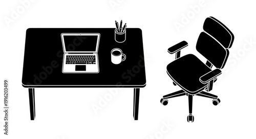 Modern office desk with laptop and chair illustration.