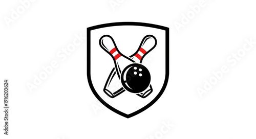 Bowling pins and ball inside a shield emblem.