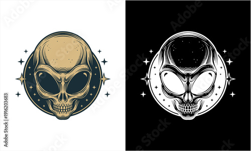 Alien Skull Head with Space and Stars Illustration.