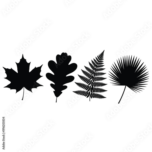 Collection of black silhouettes of various leaves and foliage displayed against a clean background, Whisk_1722248893785e2922446cd0f69ba68adr.eps