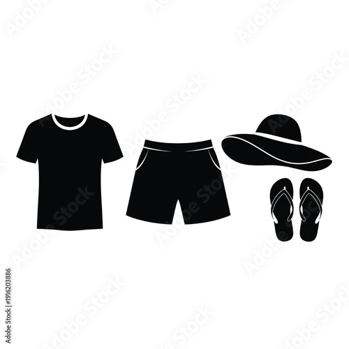 Outdoor summer clothing and accessories including hat, shirt, shorts, and sandals displayed together in a simple graphic illustration.