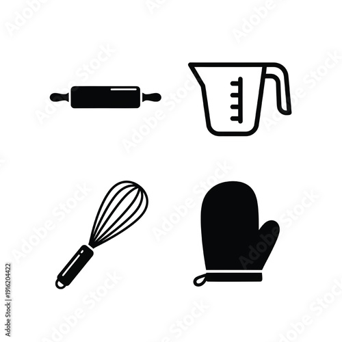 Baking Essentials Vector Illustration Featuring Measuring Cup, Whisk, Rolling Pin, and Oven Mit on a Clean White Background