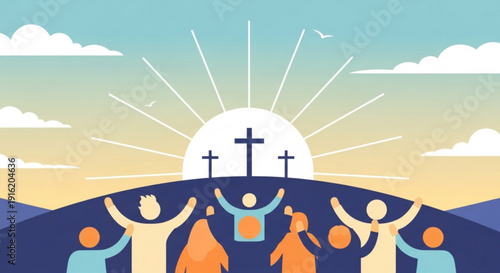 Diverse group of people rejoicing with arms raised towards crosses on a hill at sunrise