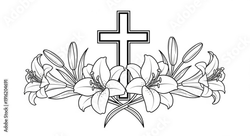 Cross with lilies flowers symbolizing faith and spirituality in a simple line art style