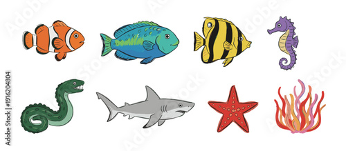 A collection of colorful cartoon sea creatures including a clownfish, a blue fish, a striped angelfish, a seahorse, a green sea serpent, a shark, a starfish, and coral.