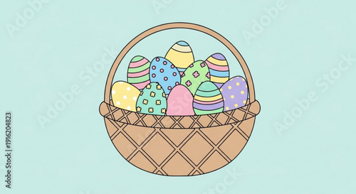 Colorful easter eggs in a woven basket on a light blue background symbolizing springtime and holiday celebration