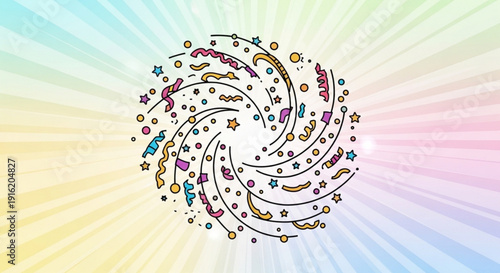 Colorful swirling pattern with confetti and stars on a rainbow background festive celebration design element
