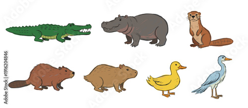A collection of seven cartoon animals, including an alligator, hippopotamus, otter, beaver, capybara, duck, and heron, arranged in two rows.