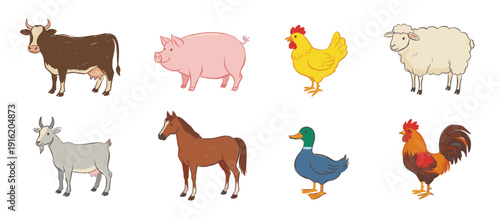 A collection of eight cartoon farm animals including a cow, pig, chicken, sheep, goat, horse, duck, and rooster.
