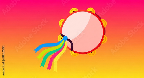 Vibrant illustration of a pink tambourine with colorful tassels against a gradient background