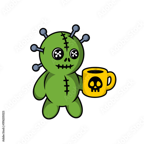 Cute Green Voodoo Doll Holding Skull Mug Cartoon Vector Illustration
