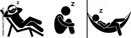Stick figure silhouette icon set showing different sleeping positions including resting on deck chair napping on ground and relaxing in a hammock for travel concepts