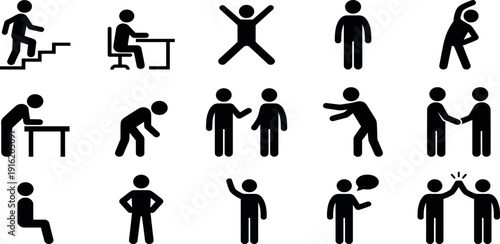 Stickman figure set featuring people talking shaking hands working at desk walking up stairs and high five icons for social interaction and business communication (25 words)