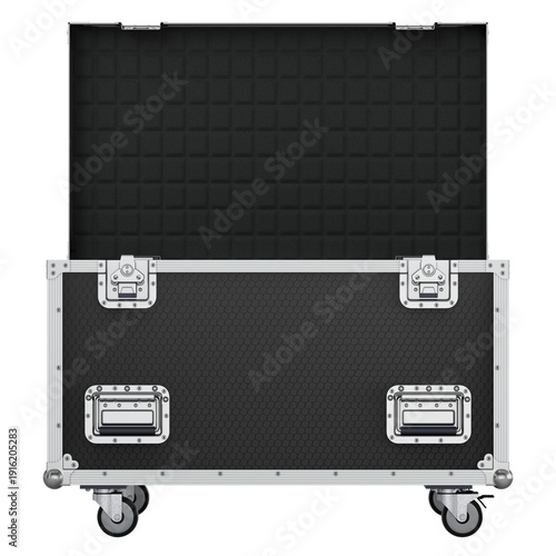Front view of open flight case isolated on white background - 3D illustration
