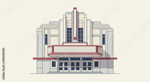 Vintage art deco cinema building facade illustration with geometric patterns and ornate details