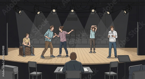Theater stage with actors rehearsing a play or musical performance under spotlight