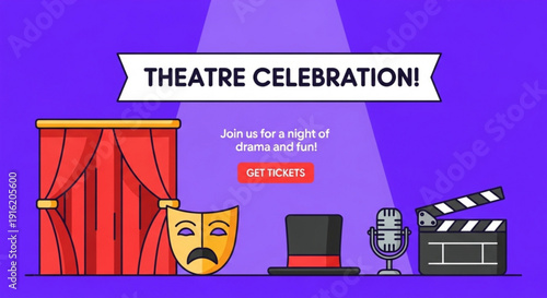 Theatre celebration with comedy tragedy mask stage curtains top hat microphone and clapperboard on purple background
