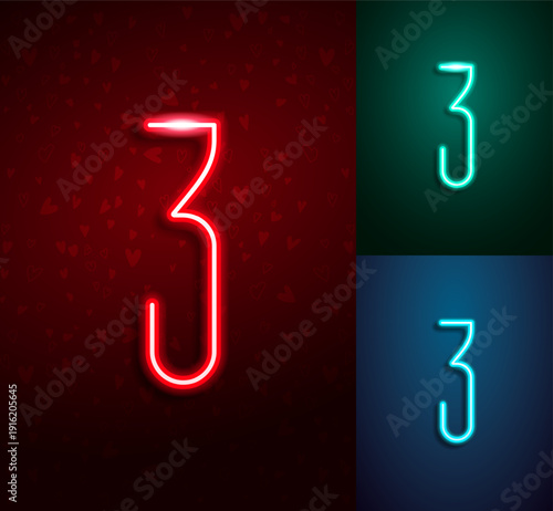 Glowing number 3 linear neon led lamp for logo design