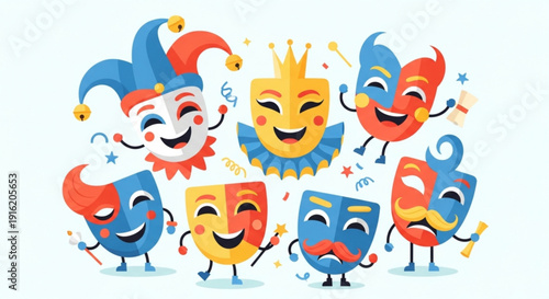 Colorful theatrical masks and jester characters celebrating with confetti on white background