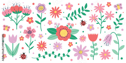 Colourful spring flowers set. Icons in cartoon style. Vector illustration