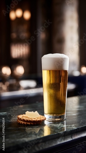 Beer and Crackers on Dark Marble Countertop in Restaurant