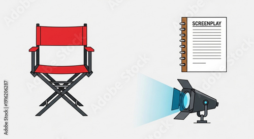 Film director chair spotlight and screenplay on white background for movie production concept