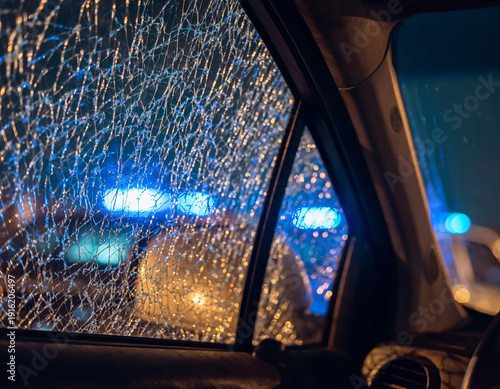 Close up view from inside a car looking out through a shattered windshield at police lights