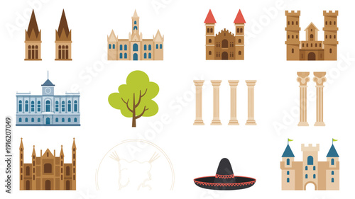 European Medieval Architecture Icons Depicting Castles, Cathedrals, Columns, and Historic Landmark Buildings in Vector Style