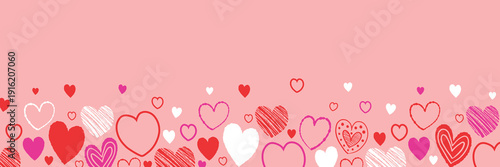 Banner with cute cartoon floating hearts. Background with hand drawn shapes. Doodles. Design for Valentine’s Day, Mother’s Day and Women’s Day. Vector illustration